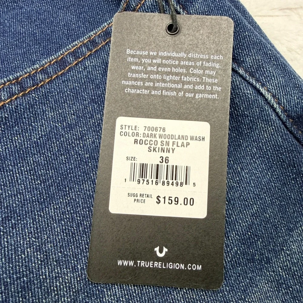 True Religion Rocco Relaxed Skinny Jeans Mens 36x33 Dark‎ Woodland Wash NWT